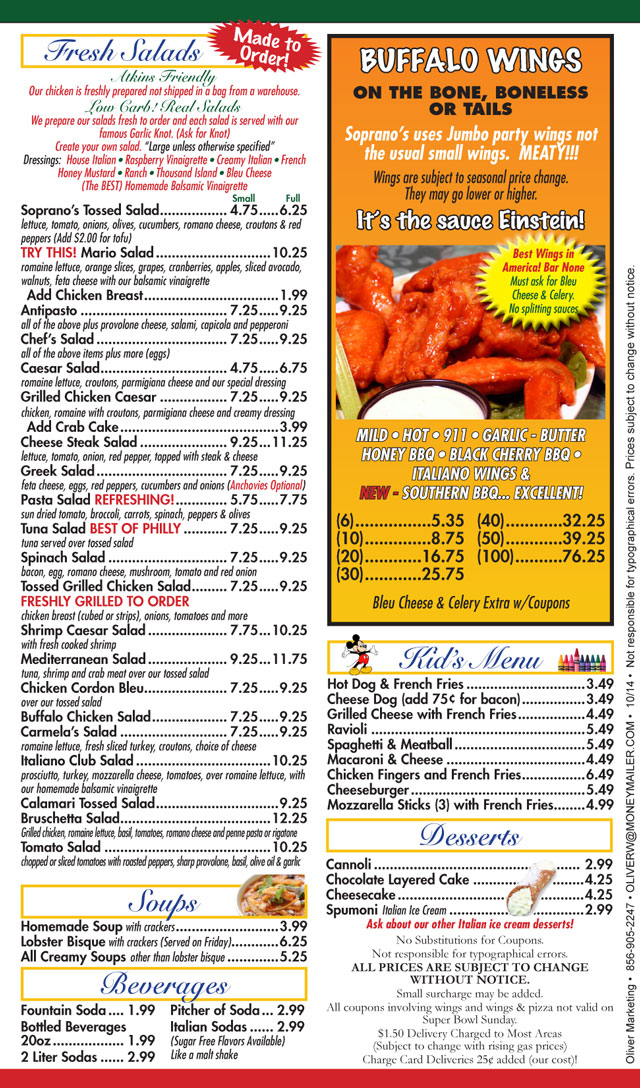 Click here for a printable Soprano's Hammonton Pizza PDF Menu